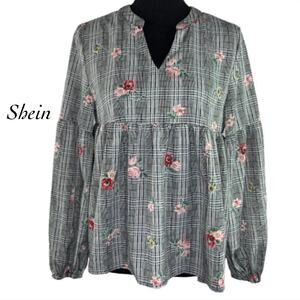 Shein Black Floral Thatched V-Neck A-Line Blouse Size XS